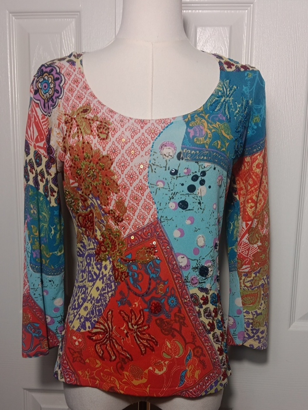 Alberto Makali Vintage Multicolor Boho Patchwork Scoop Neck 3/4 Sleeve Top